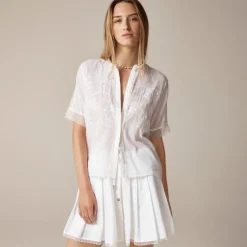 Embroidered lace-trim button-up shirt in cotton voile