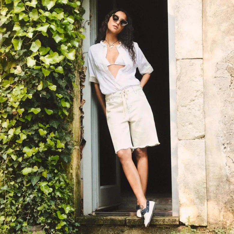 Embroidered lace-trim button-up shirt in cotton voile