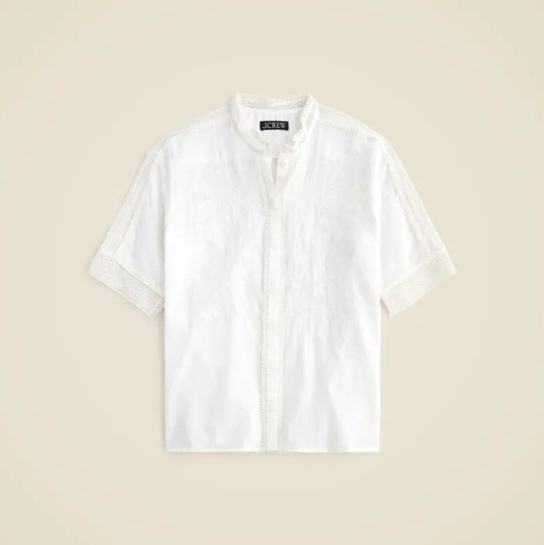 Embroidered lace-trim button-up shirt in cotton voile