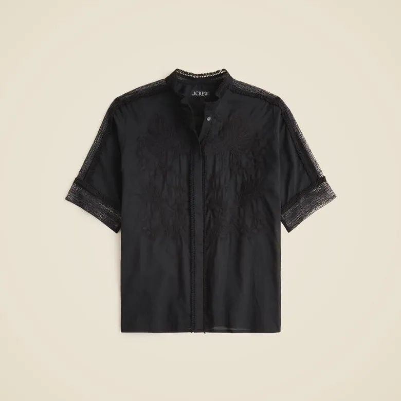 Embroidered lace-trim button-up shirt in cotton voile
