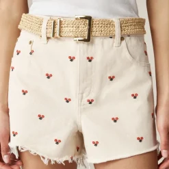 Embroidered lower-rise denim short