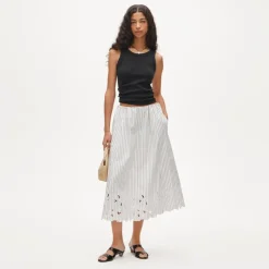 Embroidered pull-on midi skirt in striped cotton poplin