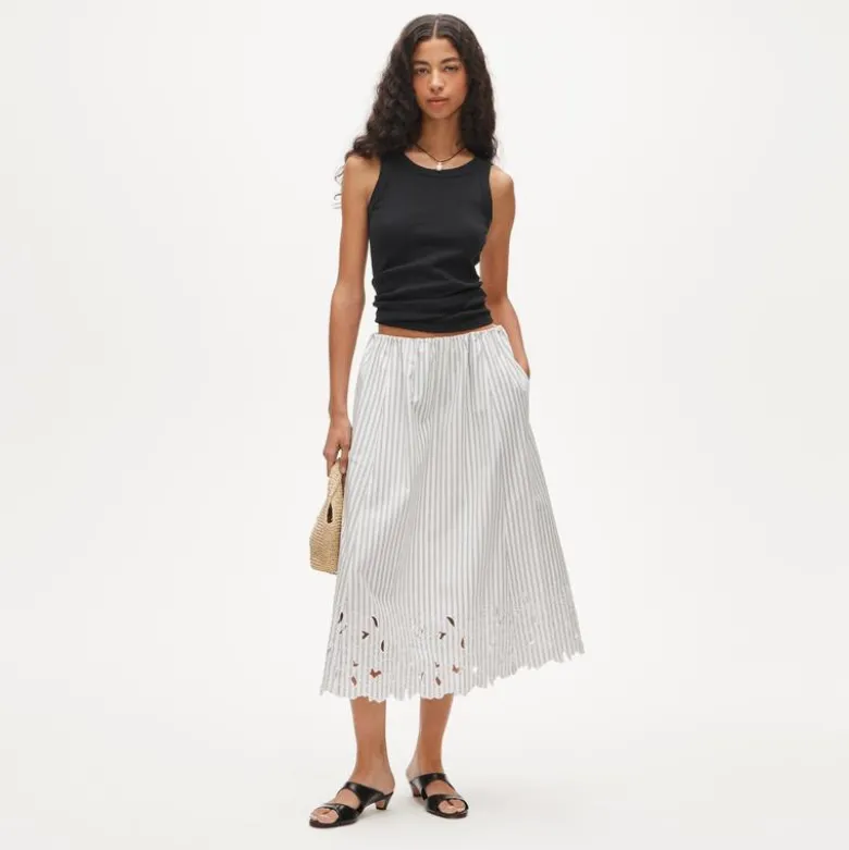 Embroidered pull-on midi skirt in striped cotton poplin