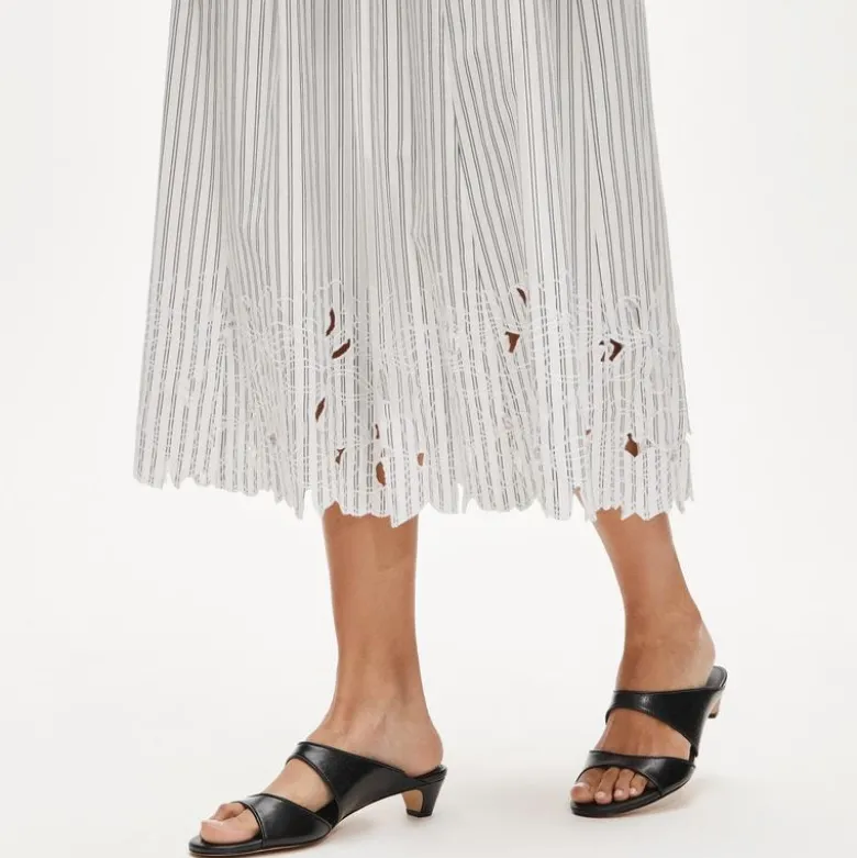 Embroidered pull-on midi skirt in striped cotton poplin
