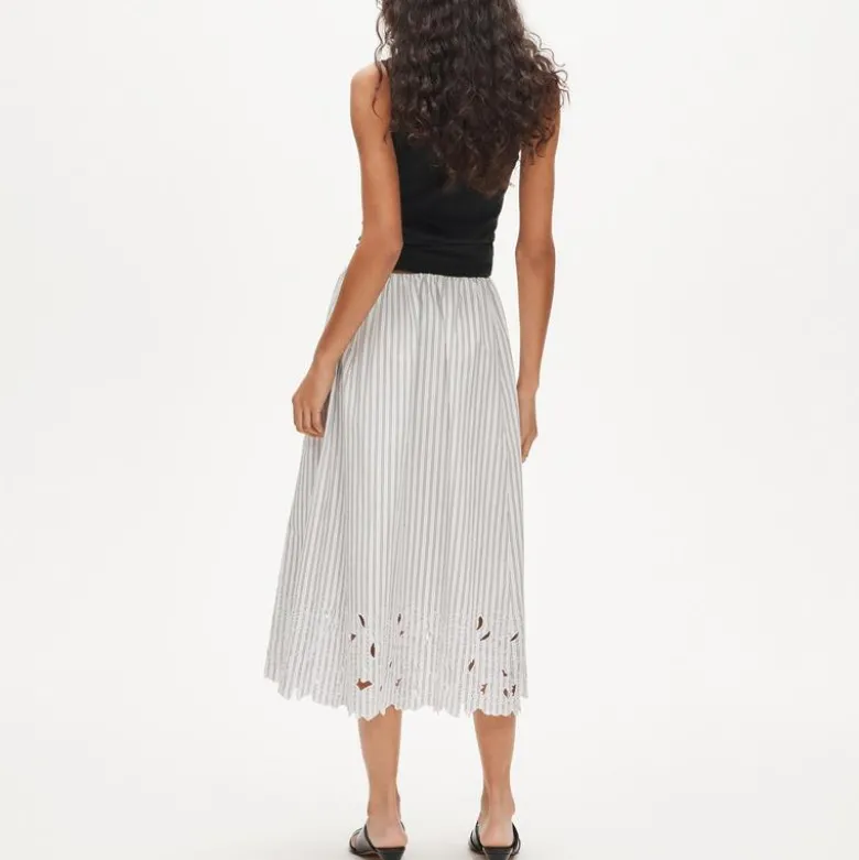 Embroidered pull-on midi skirt in striped cotton poplin