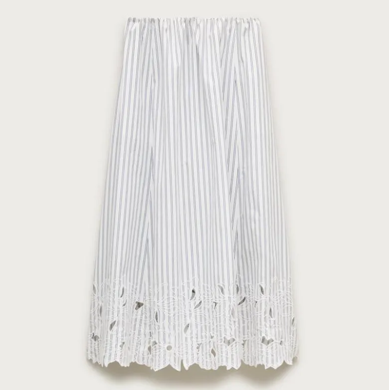 Embroidered pull-on midi skirt in striped cotton poplin