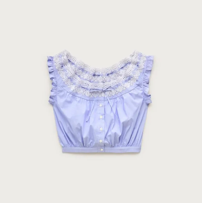 Embroidered ruffle-trim cropped tank top