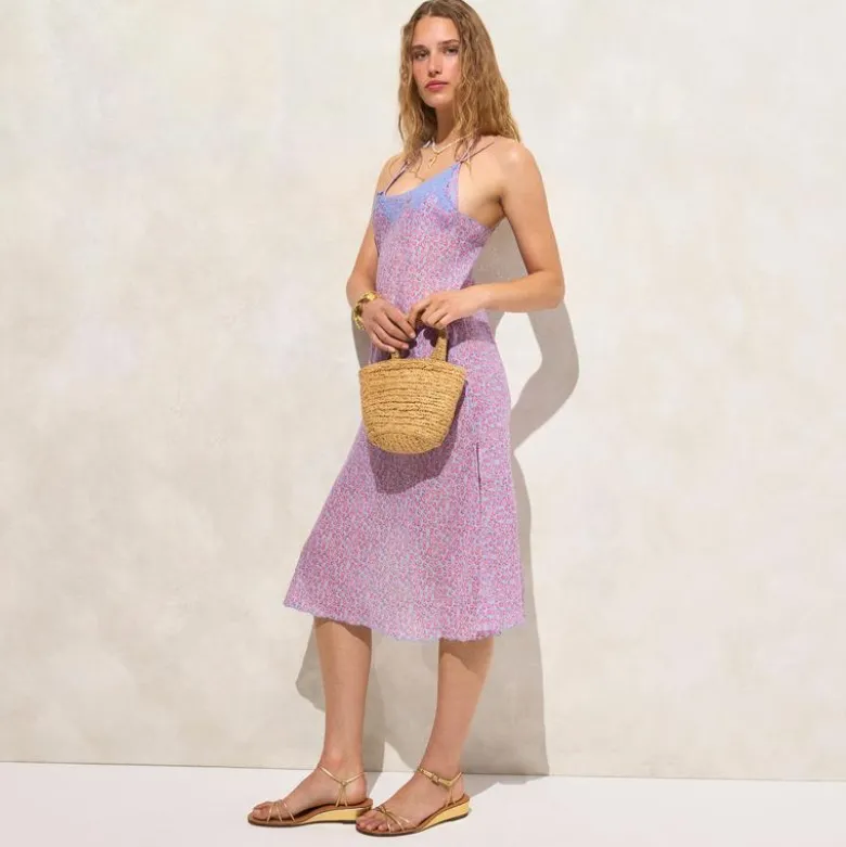 Embroidered slip dress in summer fields-print ramie
