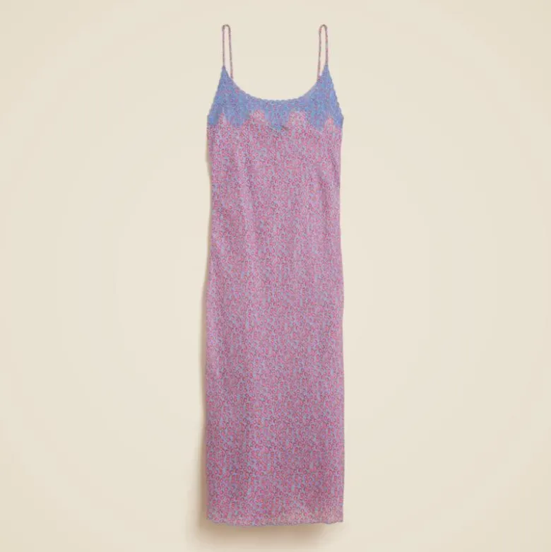 Embroidered slip dress in summer fields-print ramie