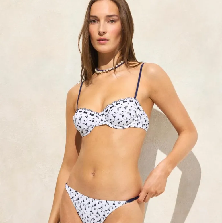 Eyelet balconette underwire bikini top with ribbon trim