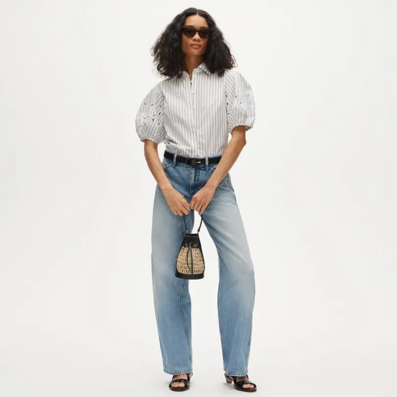 Eyelet puff-sleeve shirt in striped cotton poplin