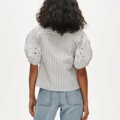Eyelet puff-sleeve shirt in striped cotton poplin