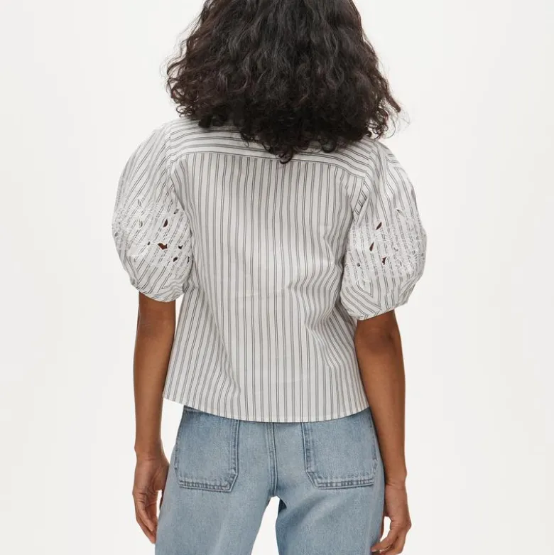 Eyelet puff-sleeve shirt in striped cotton poplin