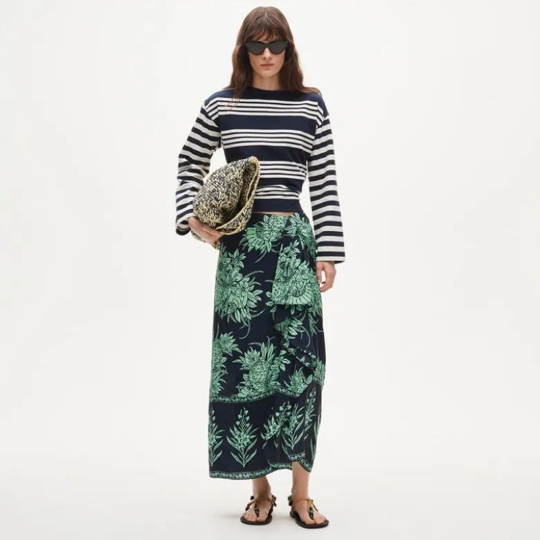 Faux-wrap skirt in pineapple garden–print viscose twill