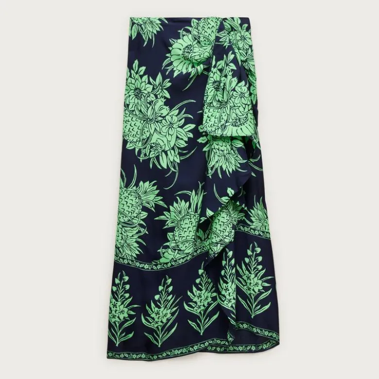 Faux-wrap skirt in pineapple garden–print viscose twill