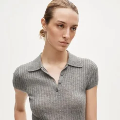 Featherweight cashmere pointelle short-sleeve sweater-polo