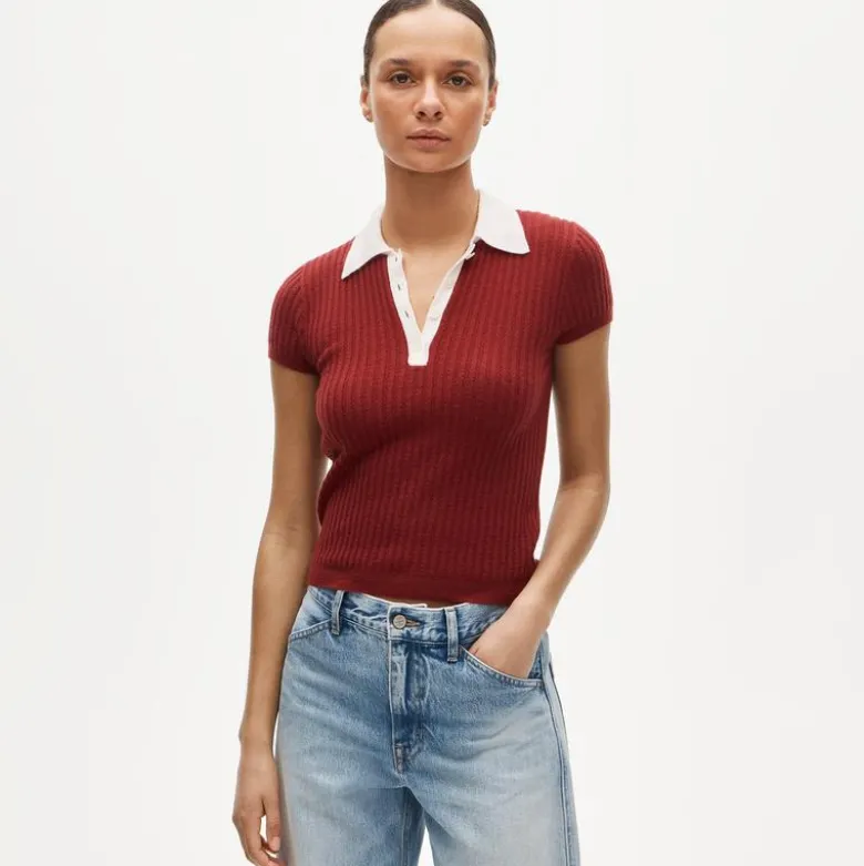 Featherweight cashmere pointelle sweater-polo with contrast collar