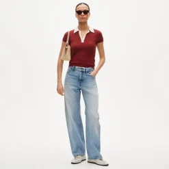 Featherweight cashmere pointelle sweater-polo with contrast collar