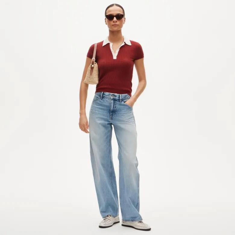 Featherweight cashmere pointelle sweater-polo with contrast collar