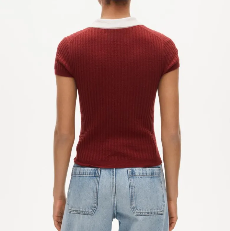 Featherweight cashmere pointelle sweater-polo with contrast collar