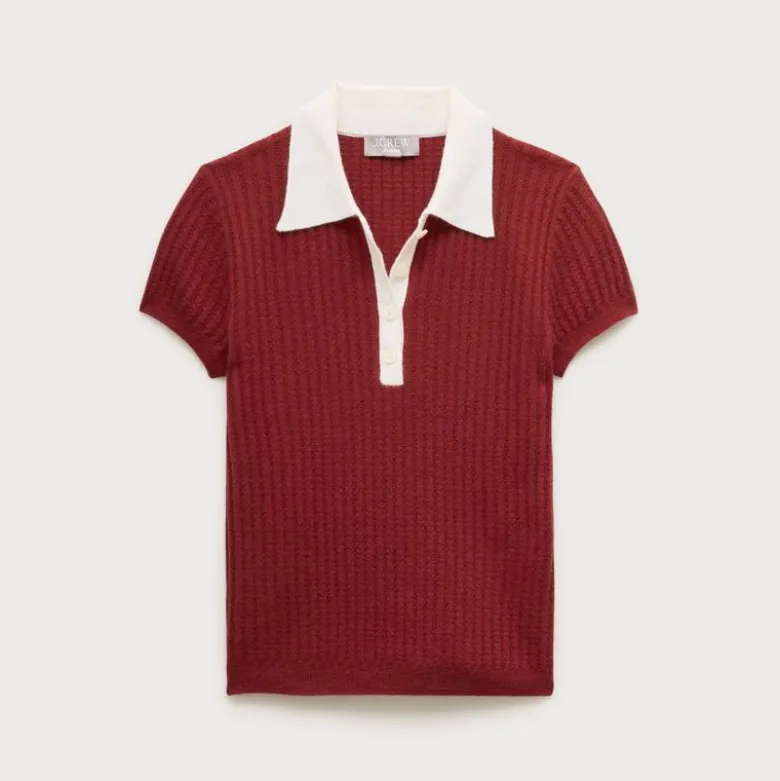 Featherweight cashmere pointelle sweater-polo with contrast collar
