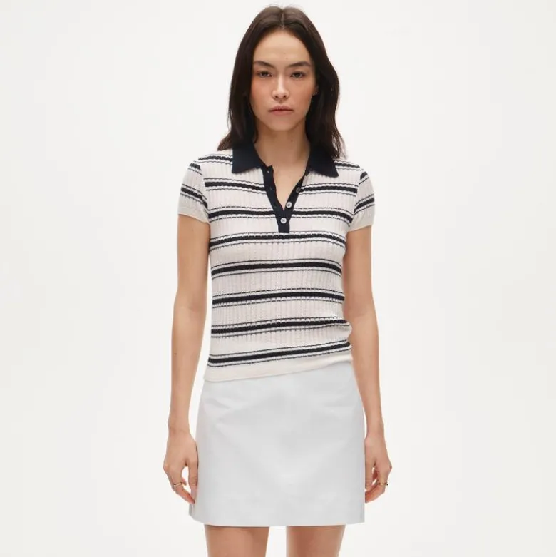 Featherweight cashmere pointelle sweater-polo in stripe