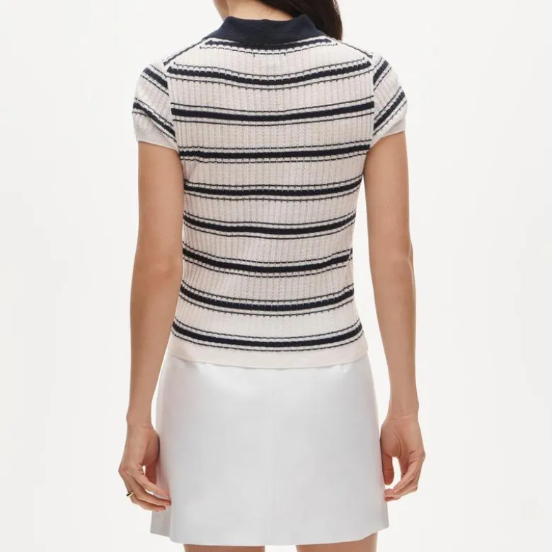 Featherweight cashmere pointelle sweater-polo in stripe