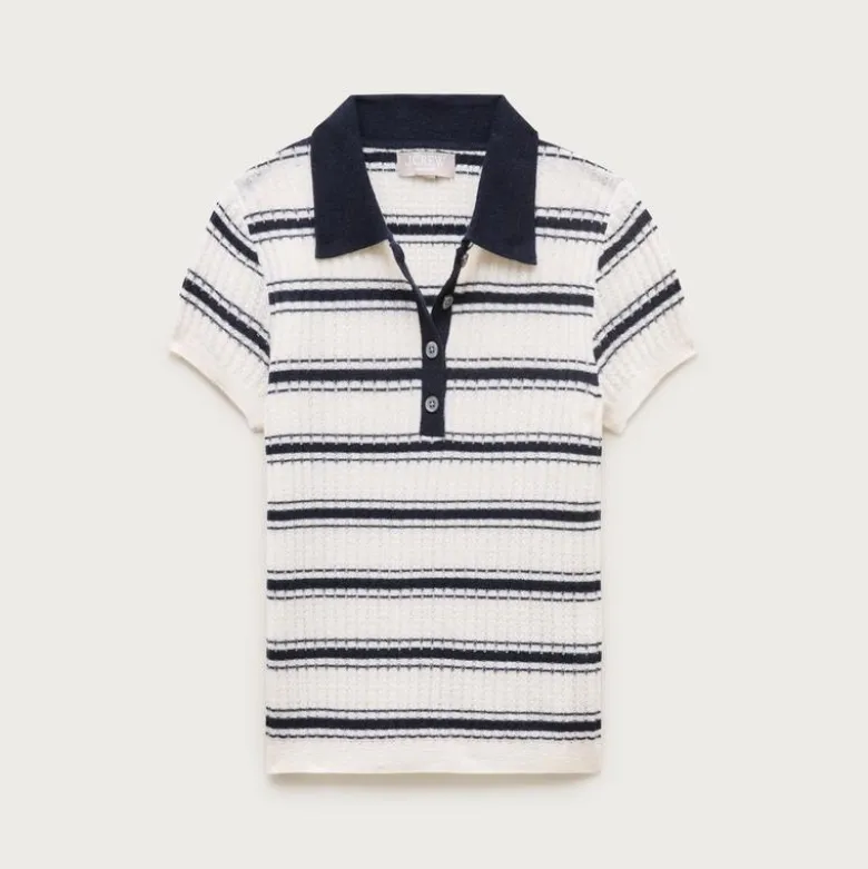 Featherweight cashmere pointelle sweater-polo in stripe