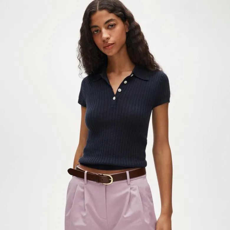 Featherweight cashmere pointelle short-sleeve sweater-polo