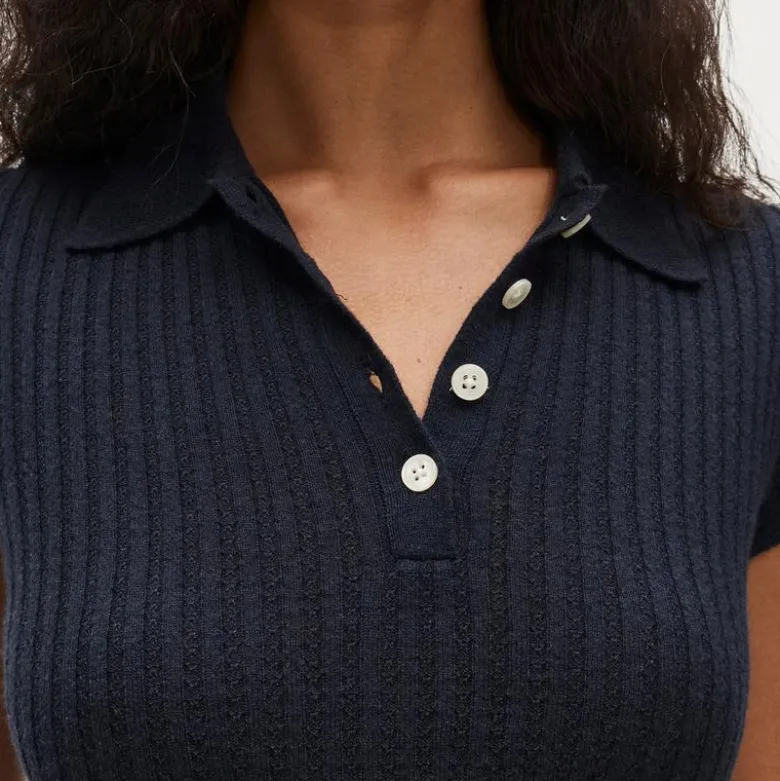 Featherweight cashmere pointelle short-sleeve sweater-polo