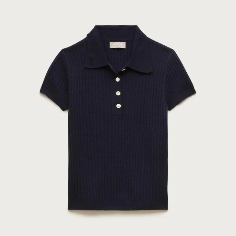 Featherweight cashmere pointelle short-sleeve sweater-polo