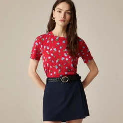 Featherweight cashmere shrunken T-shirt in brushed daisy print