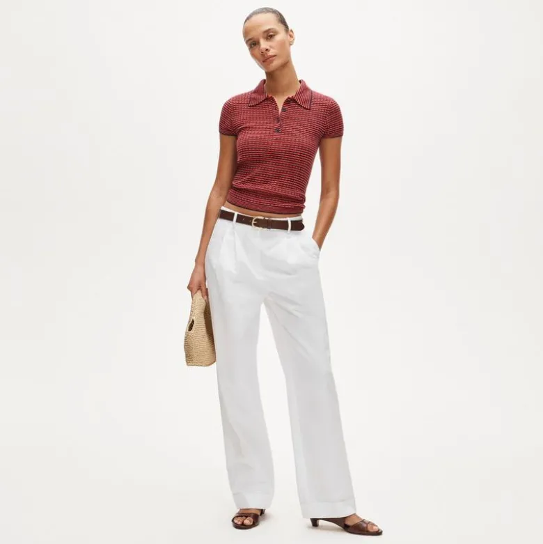 Featherweight ribbed cashmere short-sleeve sweater-polo in stripe