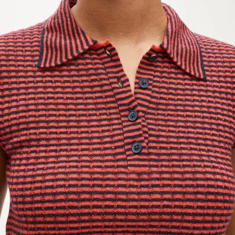 Featherweight ribbed cashmere short-sleeve sweater-polo in stripe