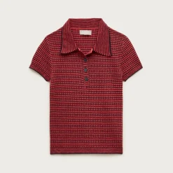 Featherweight ribbed cashmere short-sleeve sweater-polo in stripe