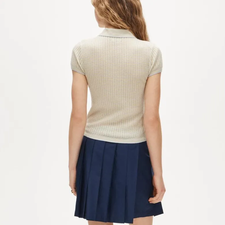 Featherweight ribbed cashmere short-sleeve sweater-polo in stripe