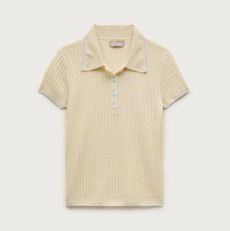 Featherweight ribbed cashmere short-sleeve sweater-polo in stripe
