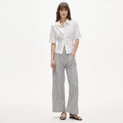 Five-pocket pant in striped stretch linen blend