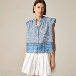 Flutter-sleeve button-up shirt in bandana block print
