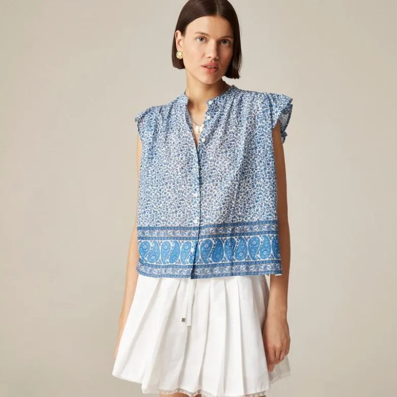 Flutter-sleeve button-up shirt in bandana block print
