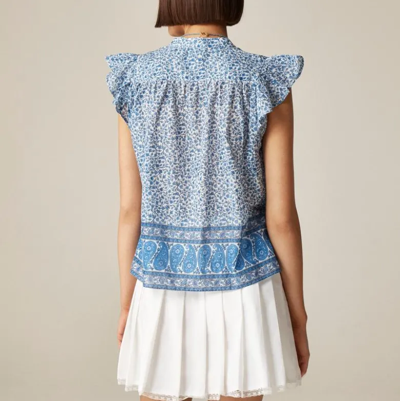 Flutter-sleeve button-up shirt in bandana block print