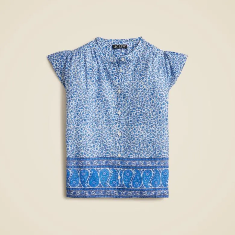 Flutter-sleeve button-up shirt in bandana block print