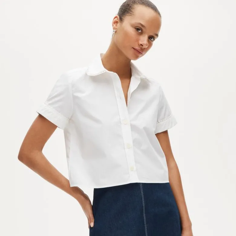 Gamine scallop-trim button-down shirt