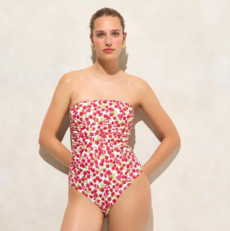 Gemma ruched bandeau one-piece swimsuit in raspberry print