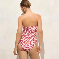 Gemma ruched bandeau one-piece swimsuit in raspberry print