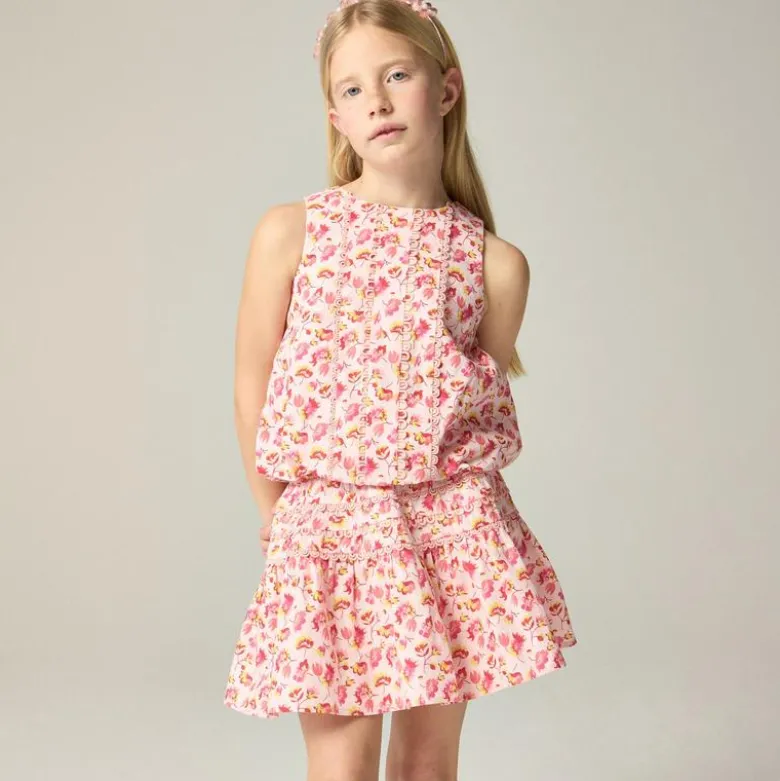 Girls' bubble tank top in linen-cotton blend floral