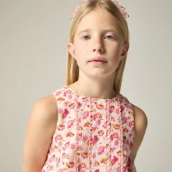 Girls' bubble tank top in linen-cotton blend floral
