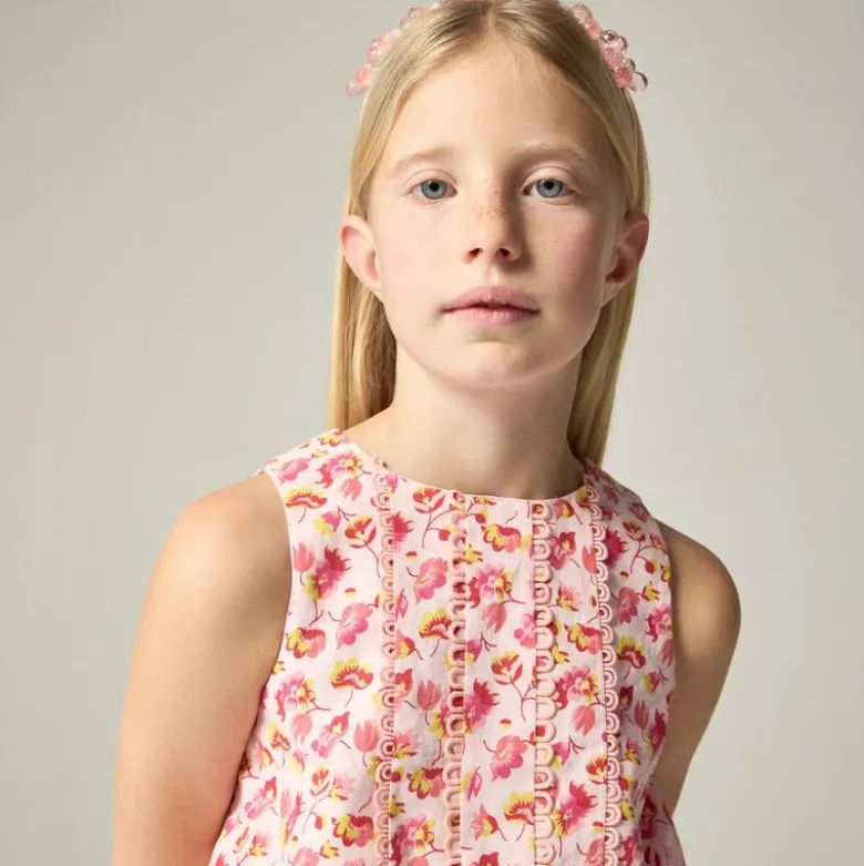 Girls' bubble tank top in linen-cotton blend floral