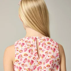 Girls' bubble tank top in linen-cotton blend floral