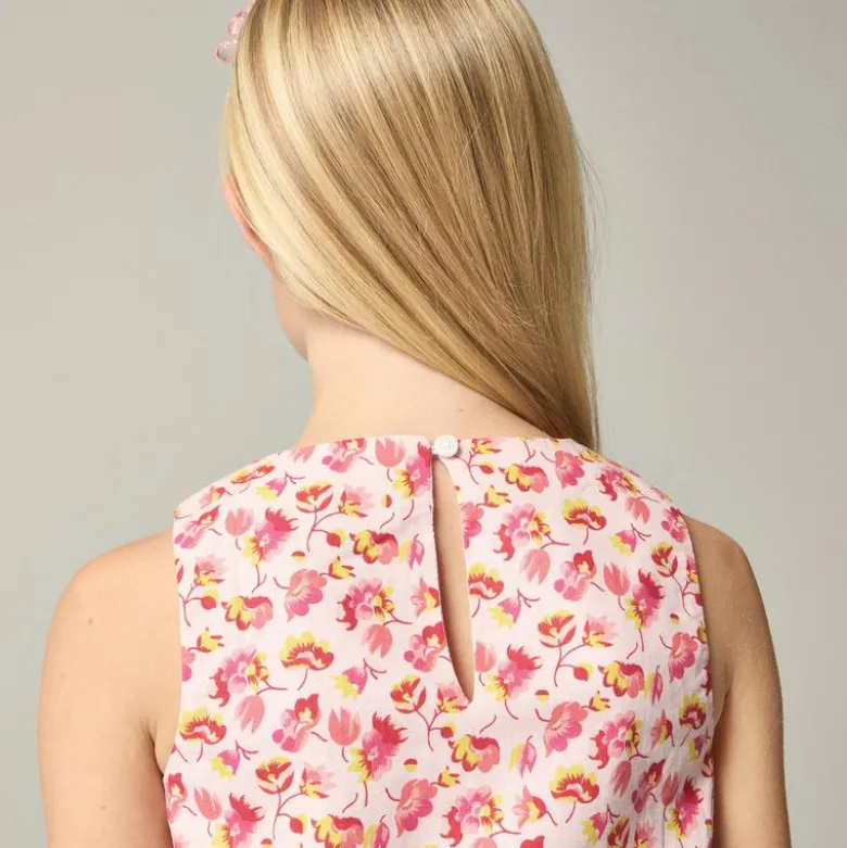 Girls' bubble tank top in linen-cotton blend floral